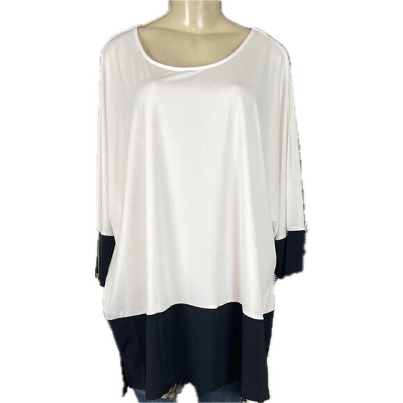 Woman Within 30/32 White-Black Crew Neck 3/4 Sleeve Zip Detail Sleeve Tunic Top - Picture 2 of 6